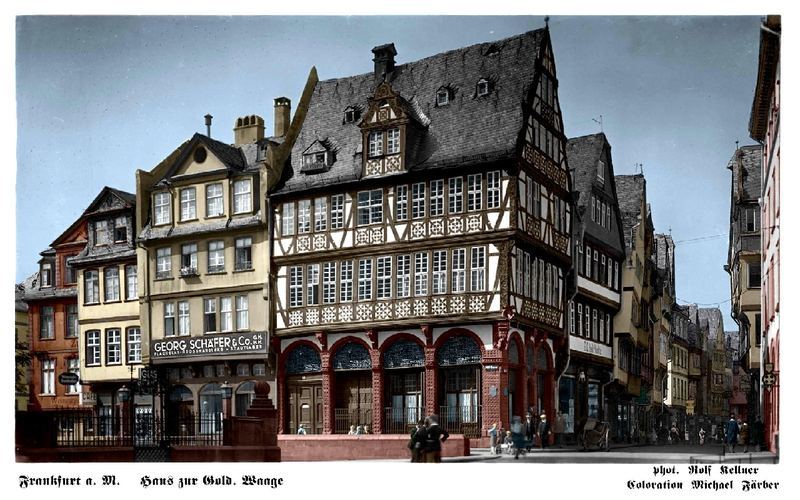 Haus zur Goldenen Waage. altes Fachwerkhaus, kolorierte Postkarte von 1900