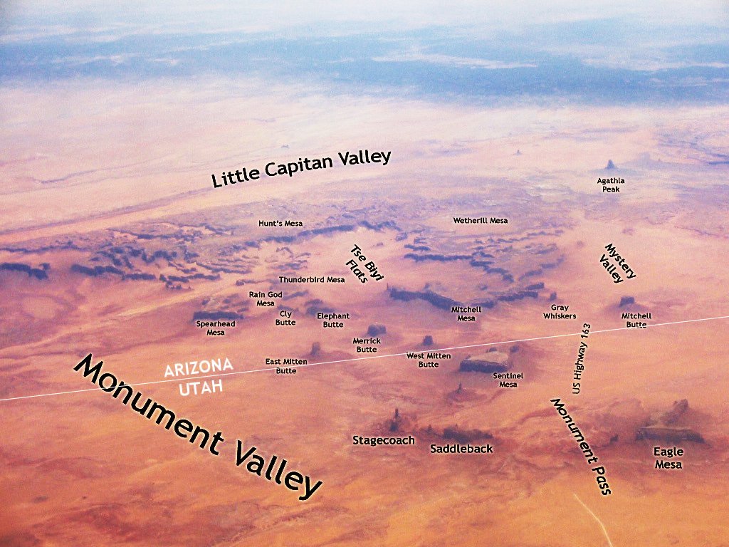 Monument Valley, Übersichtskarte mit den Namen der Felsformationen